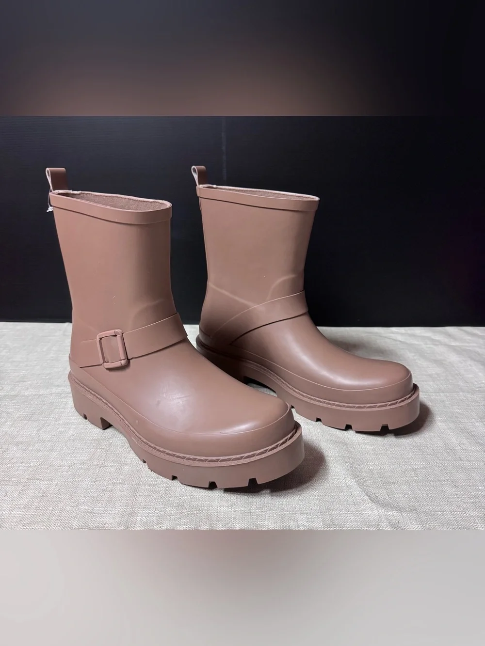 Time and Tru Women’s Tan Waterproof Mid-Calf Rain Boots with Buckle